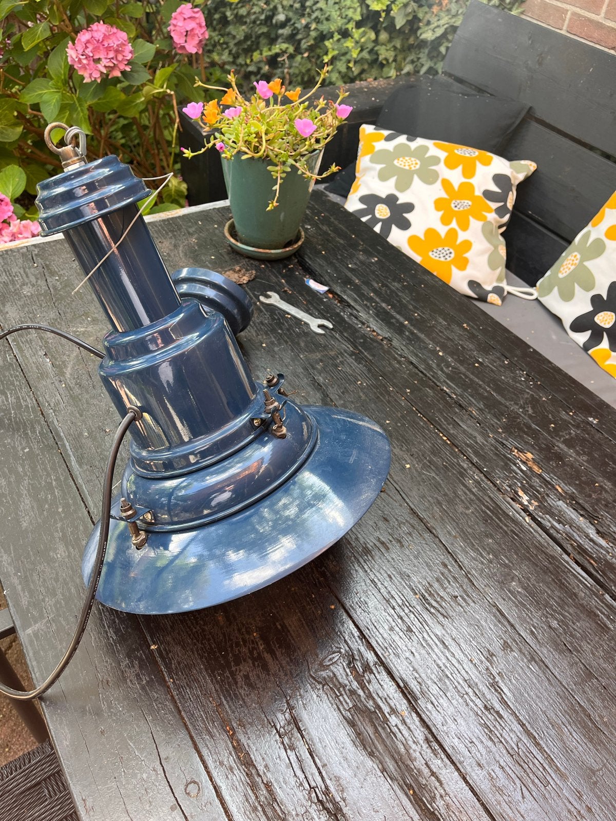 Vintage blauwe industriële hanglamp, Ophalen
