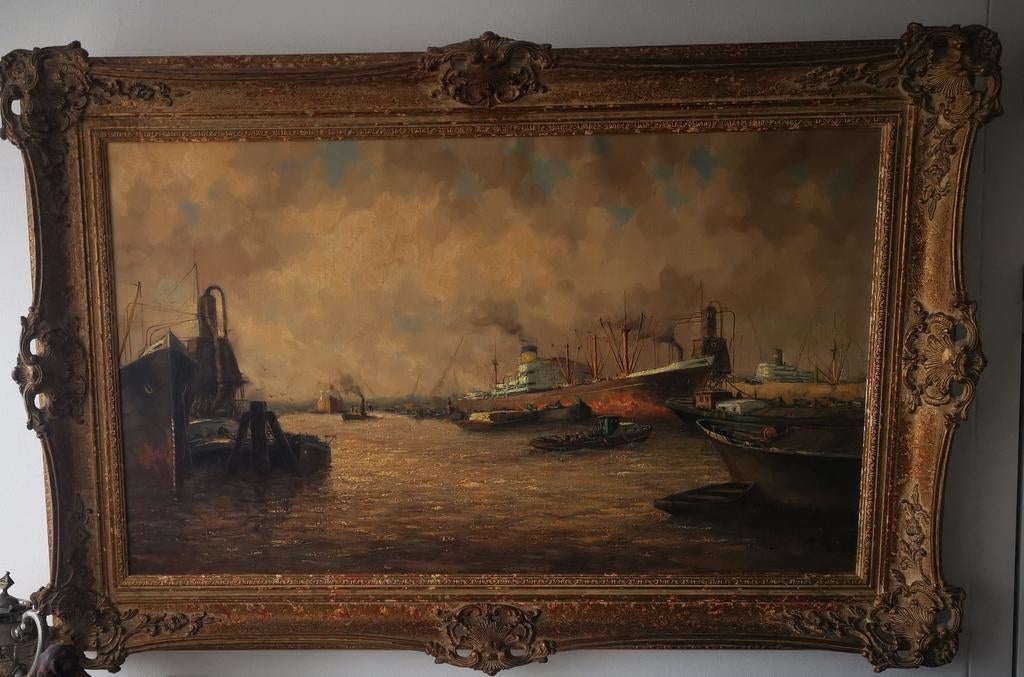 Oud schilderij met schepen in haven, Antiek en Kunst, Ophalen of Verzenden