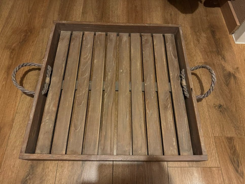 Houten dienblad met touw handvatten, Ophalen, Hout, Bruin, Landelijk