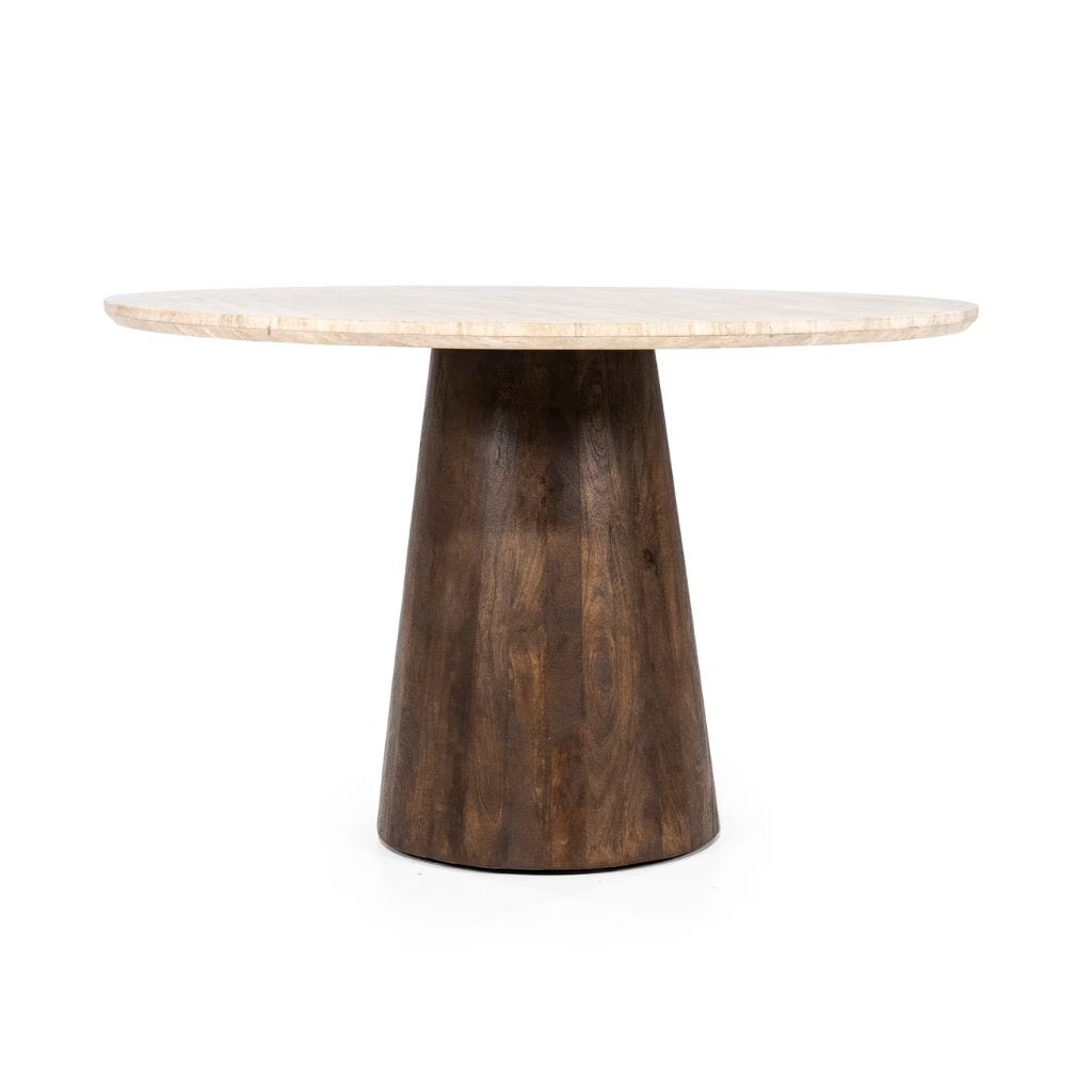 Ronde eettafel 130 cm travertin/mangohout, Ophalen, Japandi, Rond, Zo goed als nieuw