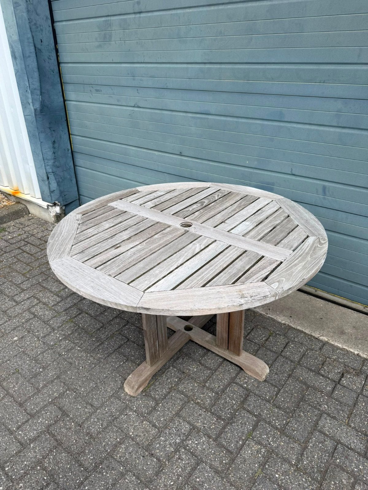 6 teak hout rond 130cm horeca tafel + stoelen fautieul teak!, Ophalen of Verzenden, Gebruikt, Rechthoekig, Teakhout