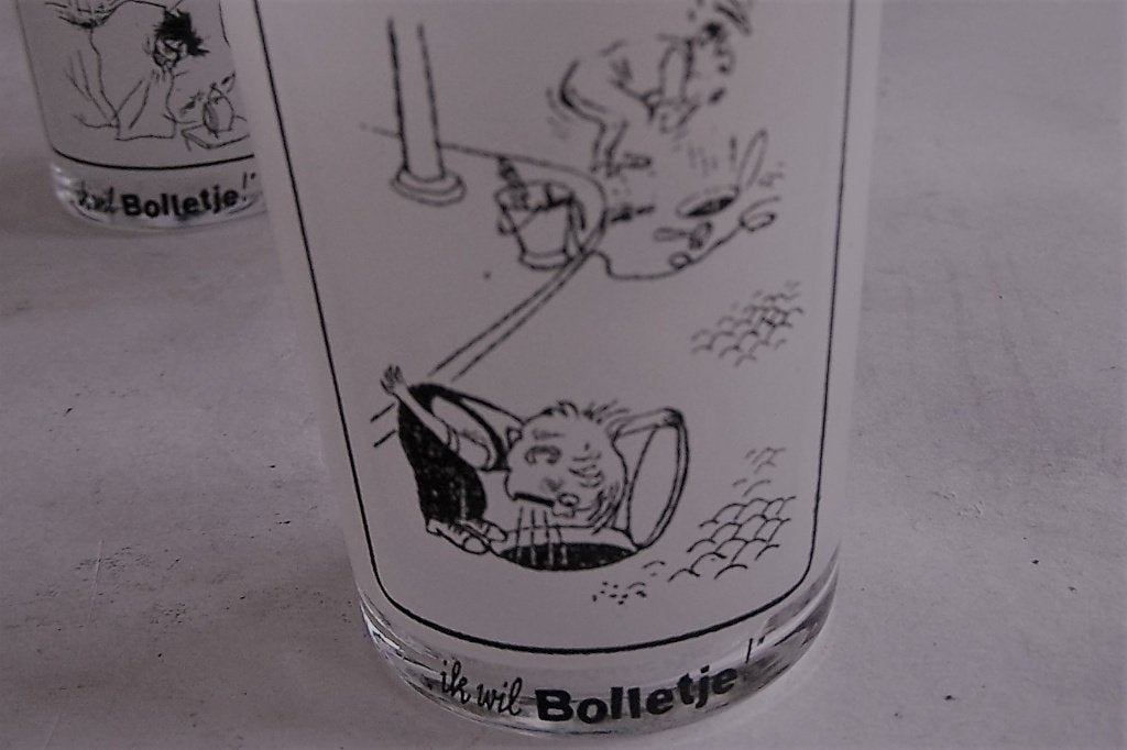 Set van 6 vintage 'Ik wil Bolletje!' frisdrankglazen, Ophalen of Verzenden, Zo goed als nieuw, Frisdrankglas