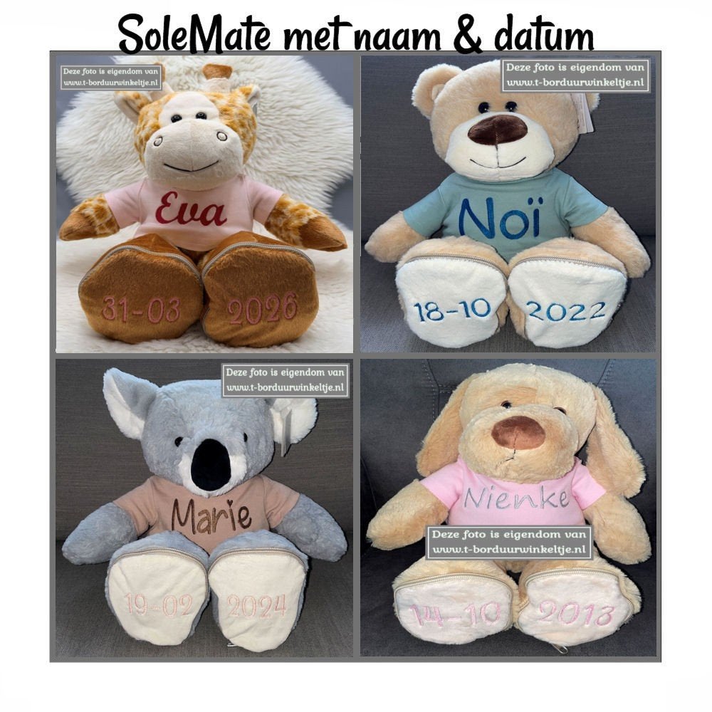 SoleMate knuffel geborduurd met naam & geboortedatum, Ophalen of Verzenden, Nieuw, Kraamcadeau