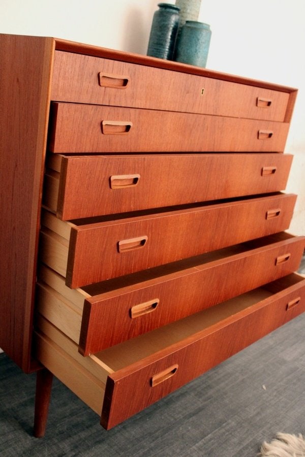 Jaren 50 XXL ladekast in teak Deens - mid century design, Huis en Inrichting, Kasten | Ladekasten, Gebruikt, 100 tot 150 cm, 25 tot 50 cm
