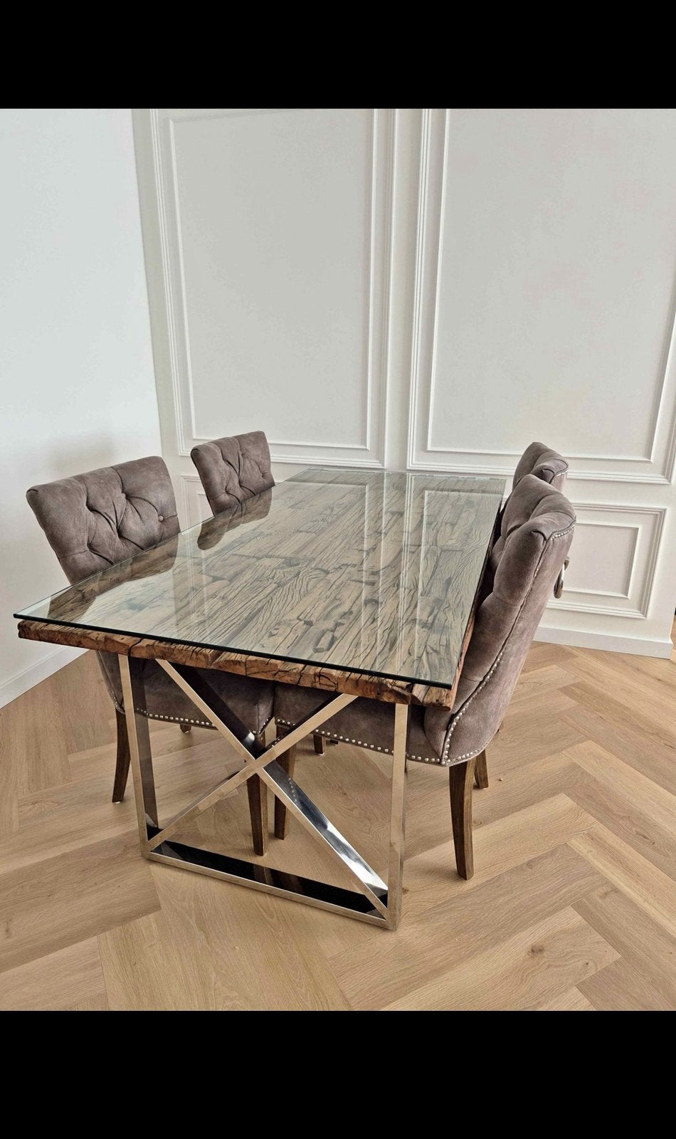 Richmond eettafel + salontafel glas , 4 Hermans Home stoelen, Huis en Inrichting, Ophalen of Verzenden, Zo goed als nieuw, 4 tot 6 stoelen