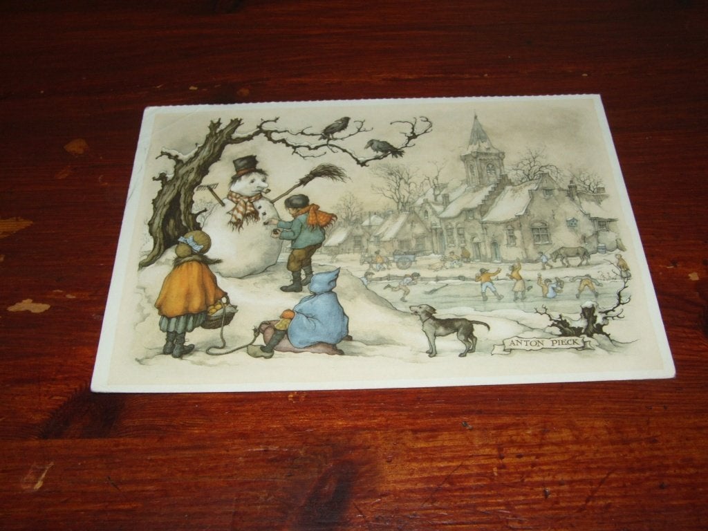190- Anton Pieck Wintertafereel met sneeuwpop en schaatsers, 1960 tot 1980, Gebruikt, Verzenden, Prent