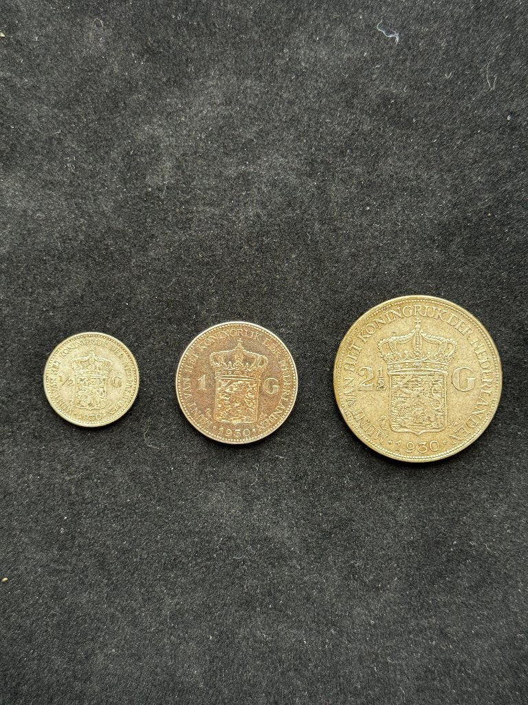 1930 Wilhelmina Rijksdaalder, 1 Gulden  en 1-1/2 Gulden, Postzegels en Munten, Munten | Nederland, Zilver, Overige waardes, Koningin Wilhelmina