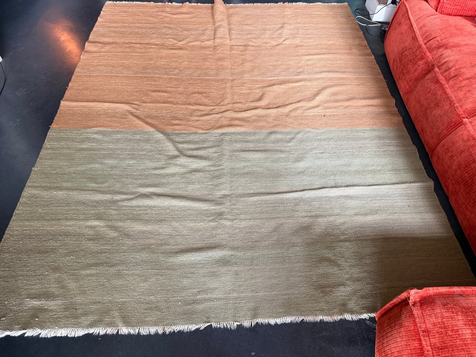 Groot Vloerkleed - Oranje/bruin en Groen, Huis en Inrichting, Ophalen, Gebruikt, Oranje, 200 cm of meer