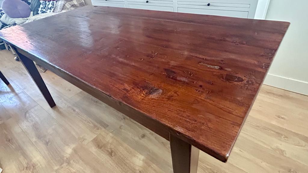 Massief houten eettafel met 4 stoelen (90x180 cm), Ophalen, Gebruikt, 50 tot 100 cm, Vijf personen of meer