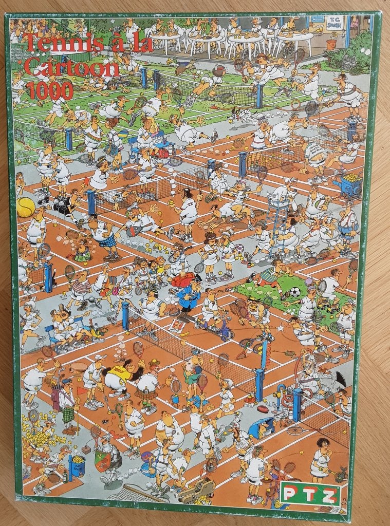legpuzzel Jan van Haasteren uit 1983 Tennis à la Cartoon, Ophalen of Verzenden, 500 t/m 1500 stukjes, Gebruikt, Legpuzzel
