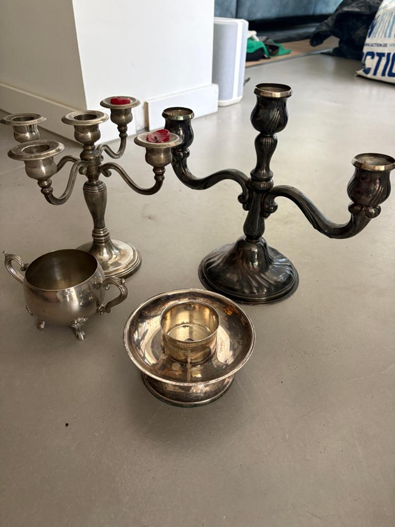 Verzilverde Suikerpot en Kandelaars (3- en 5-armig), Ophalen of Verzenden, Overige materialen