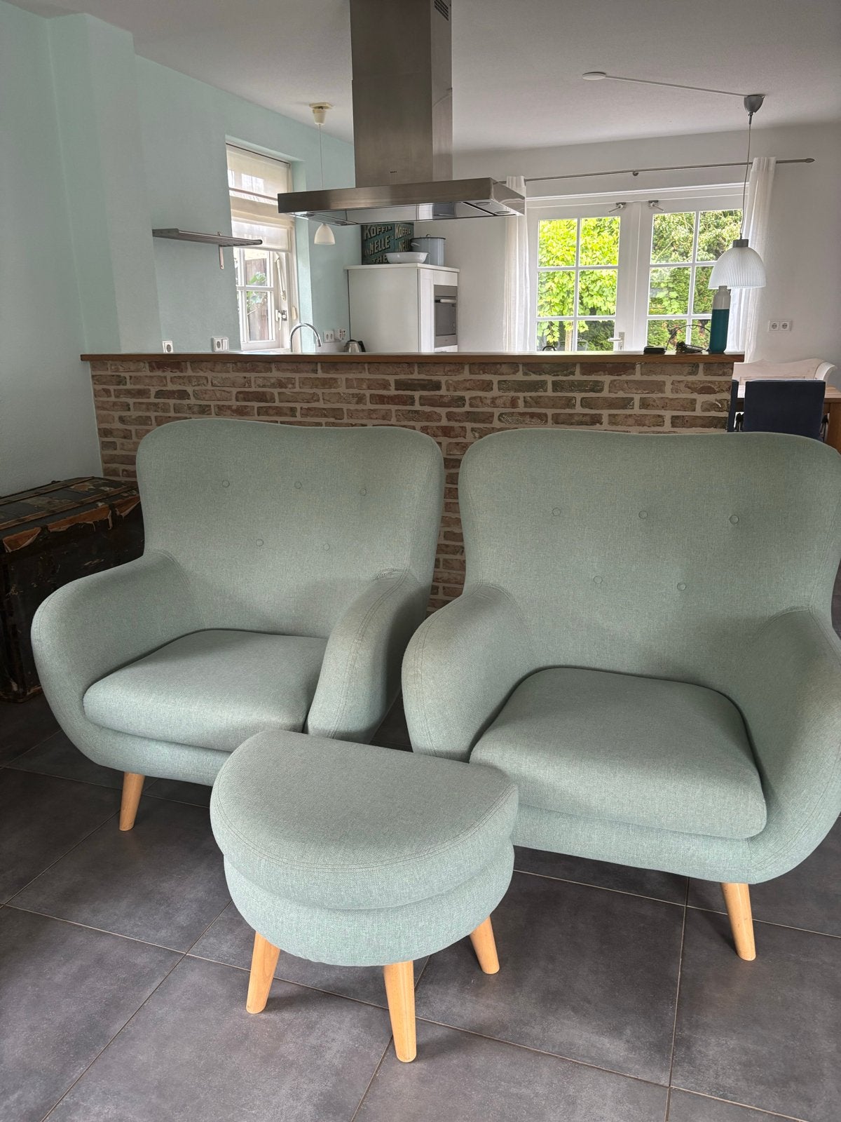 2 fauteuils met hocker van Loods 5 - Mintgroen, Ophalen, Gebruikt, Stof, 75 tot 100 cm