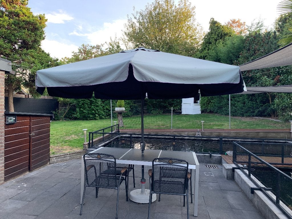 bijna gratis parasol 350 cm met voet, Ophalen, Gebruikt, Verstelbaar, Overige typen