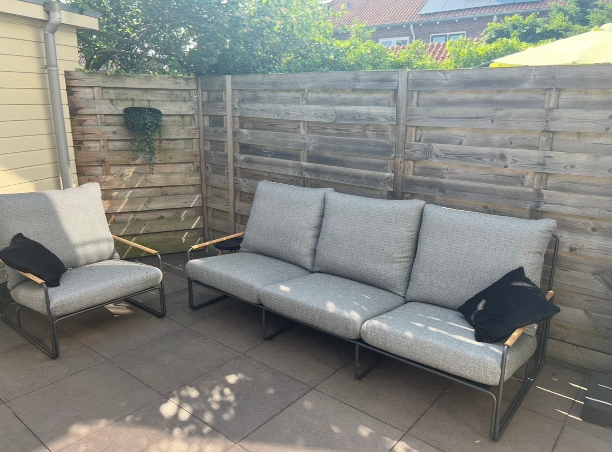 Merano Loungeset: RVS, Teak & Sunproof Kussens. Prijs i.o., Ophalen, 4 zitplaatsen, Gebruikt, Bank