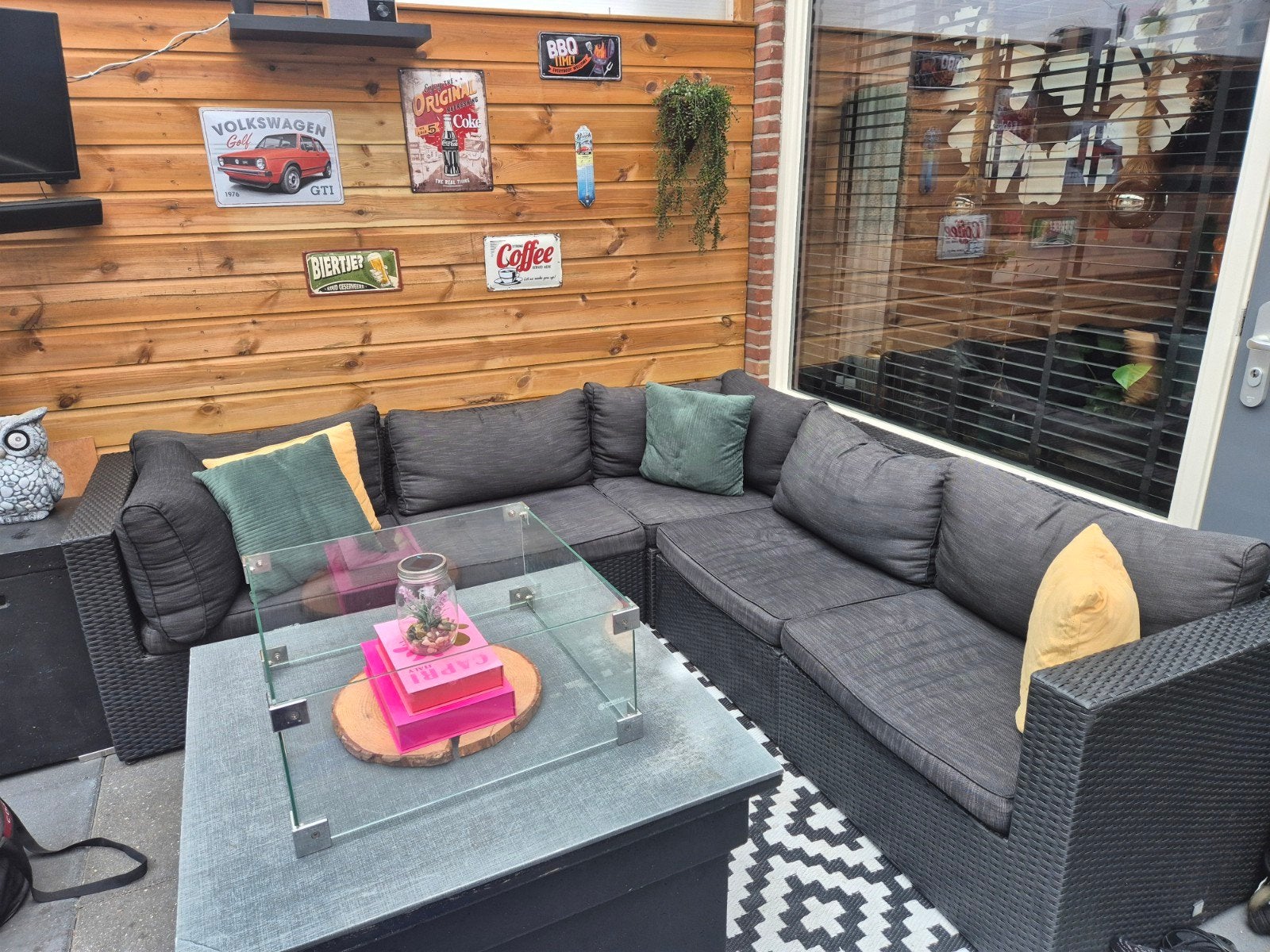 Loungset zwart met kussens, Ophalen, Wicker, Hocker