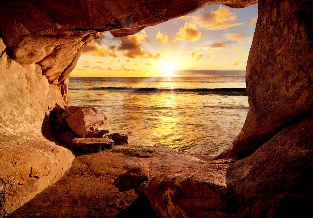 159 Uitzicht Sunset Zee Vlies Fotobehang 350x250cm in 3maten, Ophalen of Verzenden, Minder dan 10 m², Geel