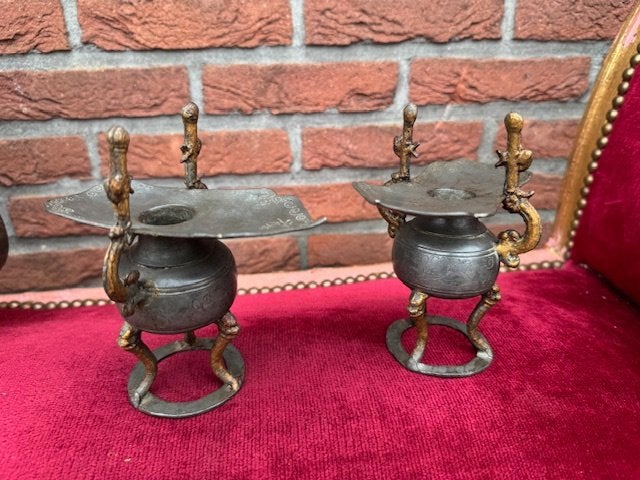 antieke set tinnen kandelaars, China, Ophalen of Verzenden