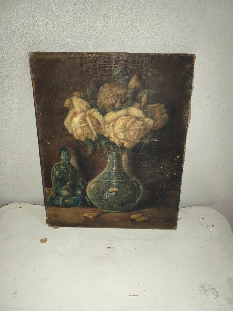 Oud olieverf doek schilderij buddha bloemen stilleven, Ophalen of Verzenden