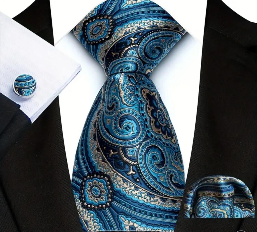 Stropdas Pochet Manchetknopen handgeweven Blauw Goud -NIEUW-, Ophalen of Verzenden, Nieuw, Blauw, Met patroon