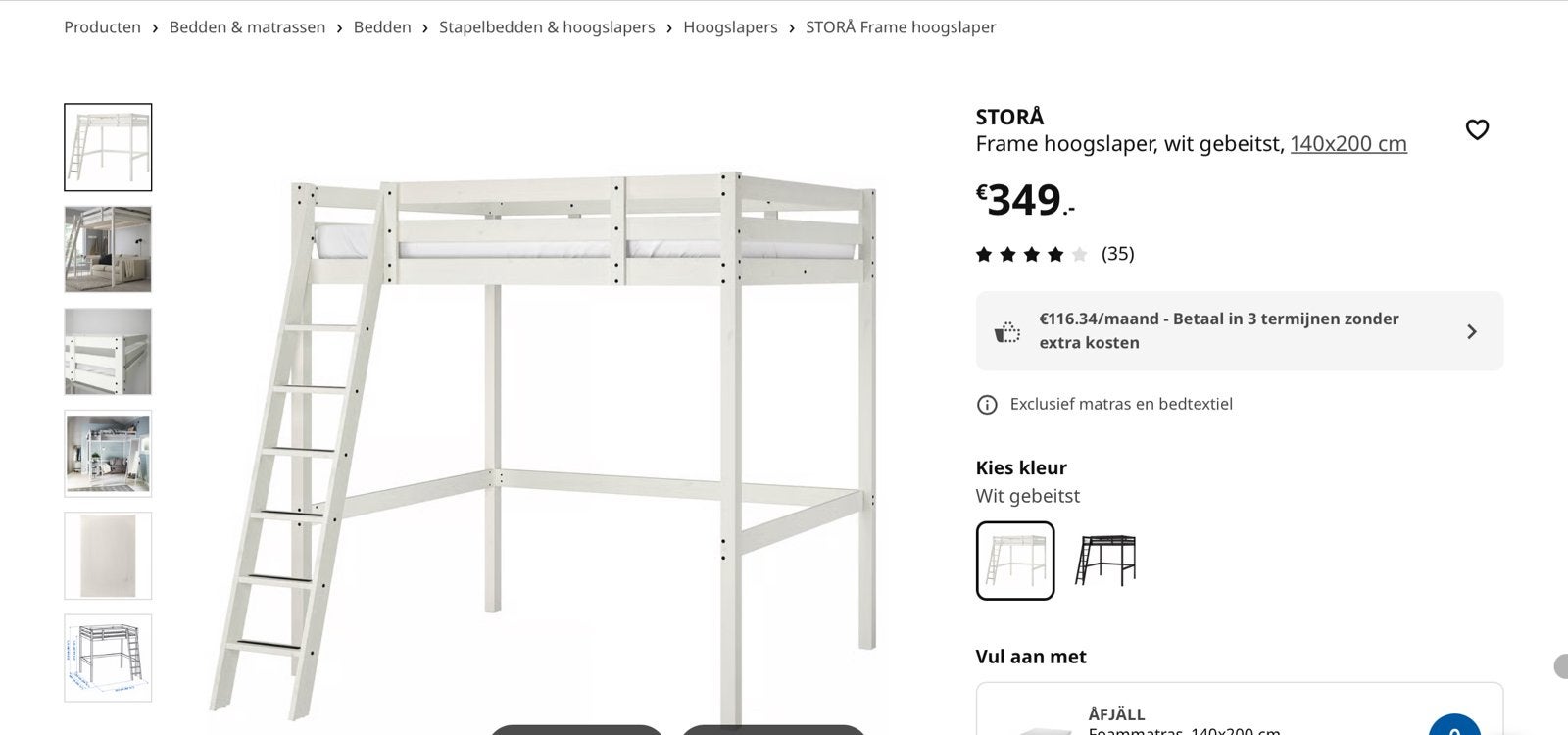 IKEA STORÅ Hoogslaper wit, 140x200 cm, Huis en Inrichting, Slaapkamer | Stapelbedden en Hoogslapers, Ophalen, Gebruikt, Hoogslaper