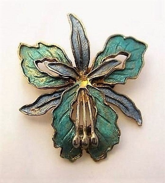 Bijzondere vintage doublé en emaille Orchidee broche (4547), Ophalen, Zo goed als nieuw, Overige materialen