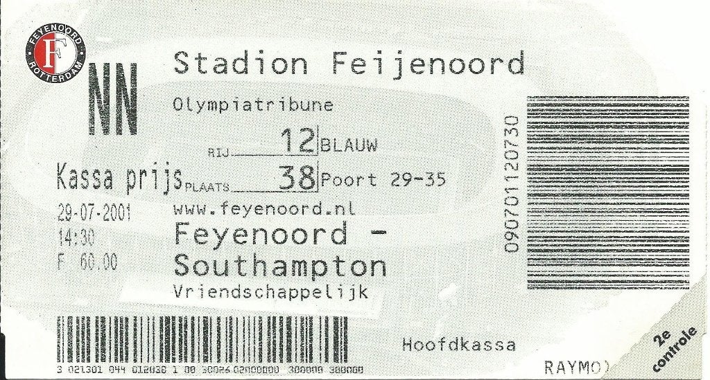 2001-2002 toegangsbewijs 29-07-2001 Feyenoord - Southampton, Verzamelen, Ophalen of Verzenden, Zo goed als nieuw, Feyenoord, Overige typen