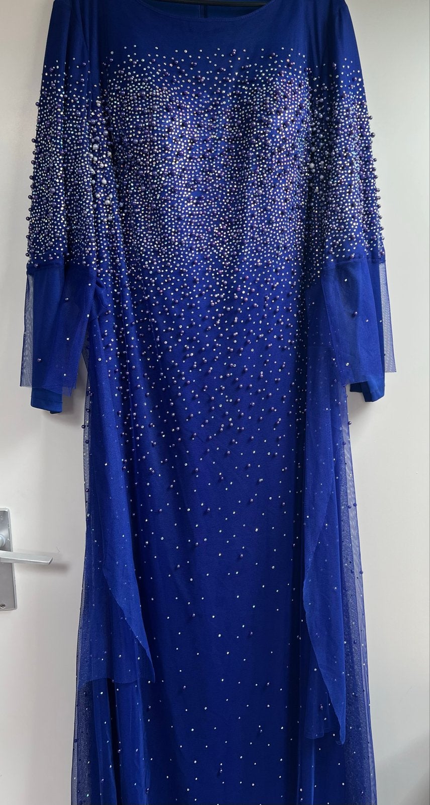 Elegante Blauwe Feestjurk met Parelversiering, Galajurk, Blauw, Maat 46/48 (XL) of groter, Nieuw