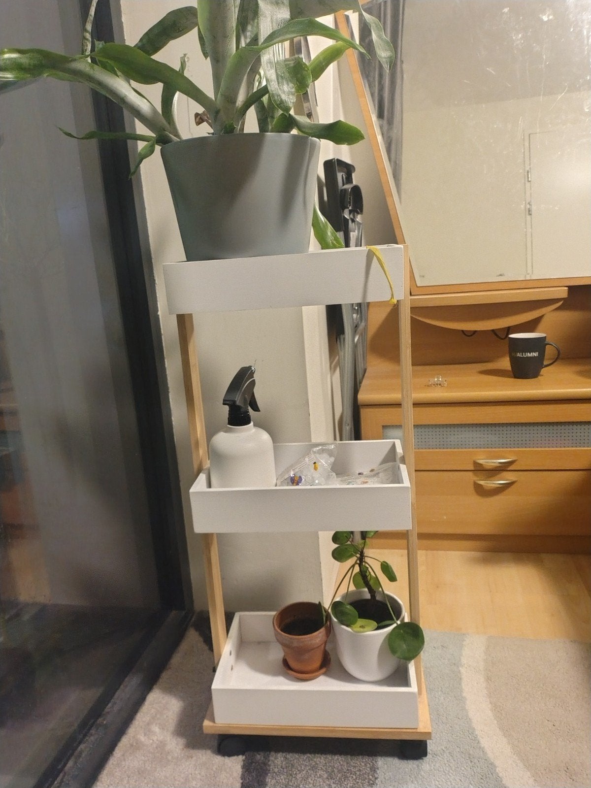 Scandinavische Plantenstandaard / Roltafel met 3 Bakken, Hout, Gebruikt, Ophalen of Verzenden, Wit