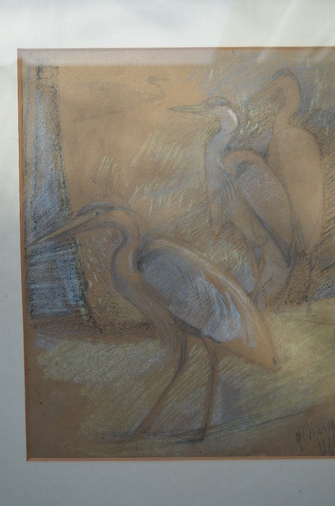 Leuke pastel '4 reigers' gesign. gedat. goede staat, Ingelijst, Dieren, Ophalen of Verzenden, Klassiek