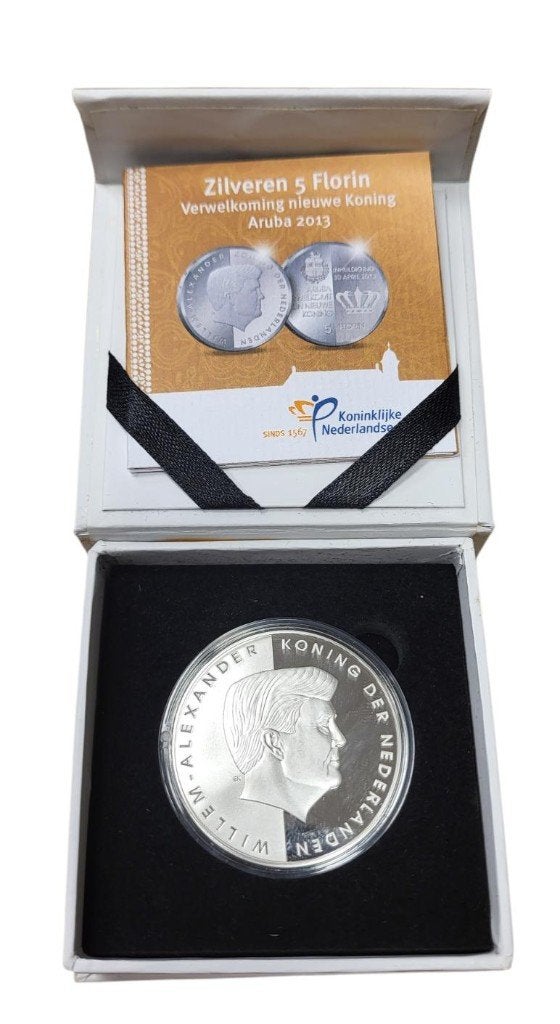 Aruba 5 Florin 2013 Verwelkoming koning Zilver Proof in doos, Koningin Beatrix, Zilver, Losse munt, Overige waardes