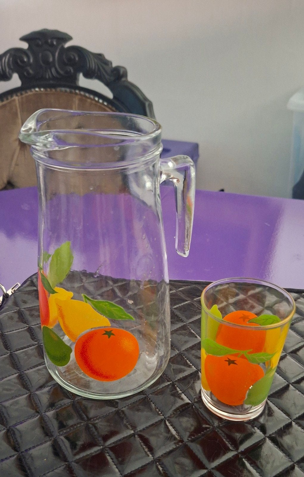 Glazen kan en 1 glas met fruitprint retro, Ophalen