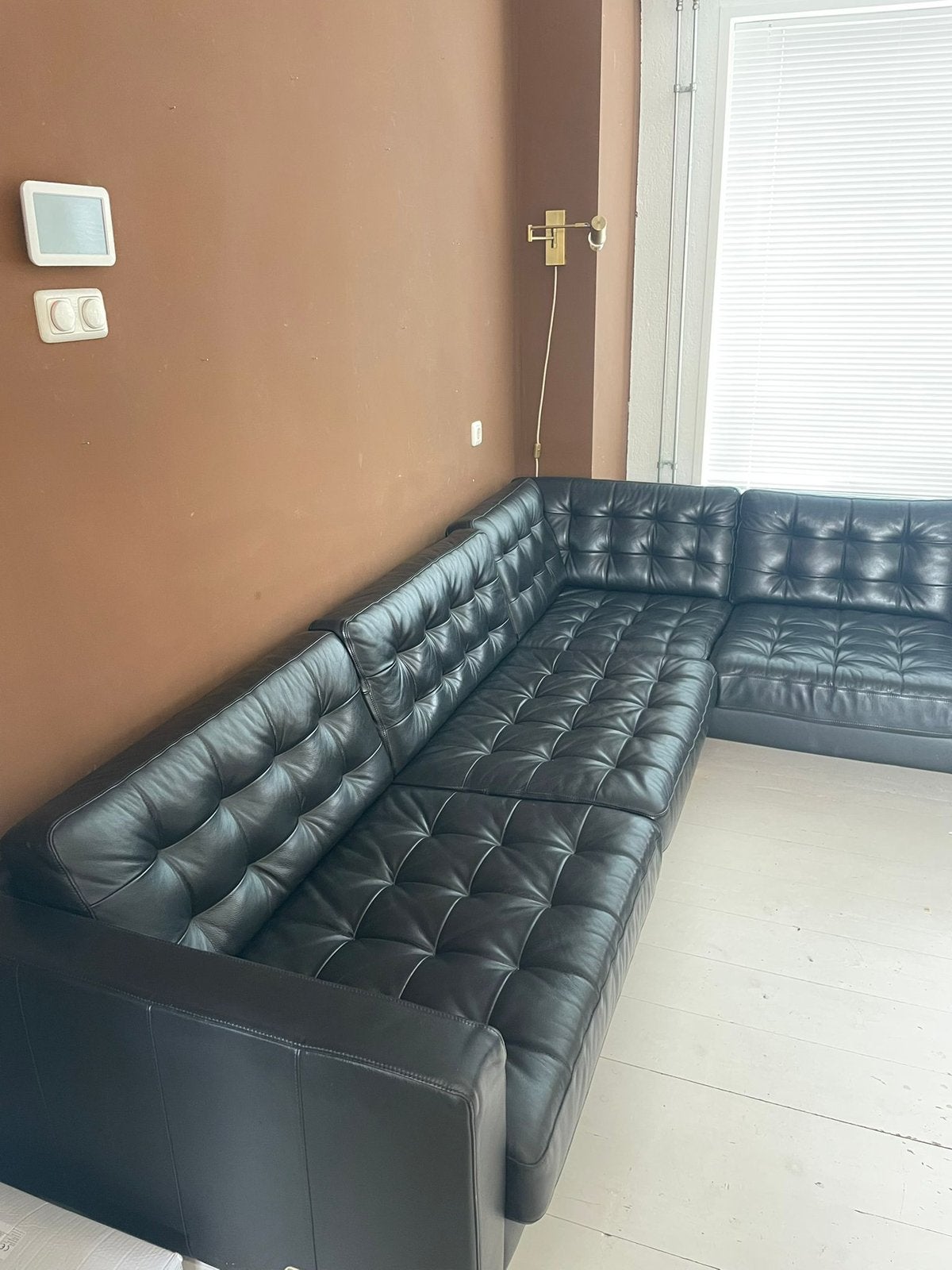 Hoekbank IKEA Landskrona leer zwart, Ophalen, Zo goed als nieuw, Tweepersoons, Zwart