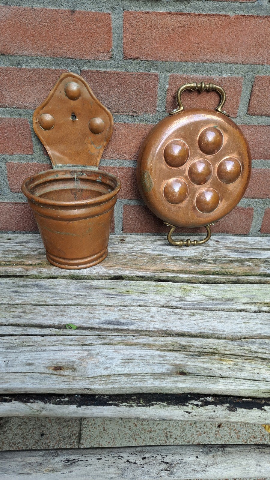 Oud koperen zeeppotje en poffertjespan, Ophalen, Koper