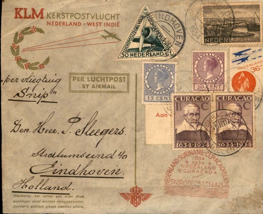 Curacao - Frankering - Kerstzending - 1934 - Eindhoven, Ophalen of Verzenden, Envelop