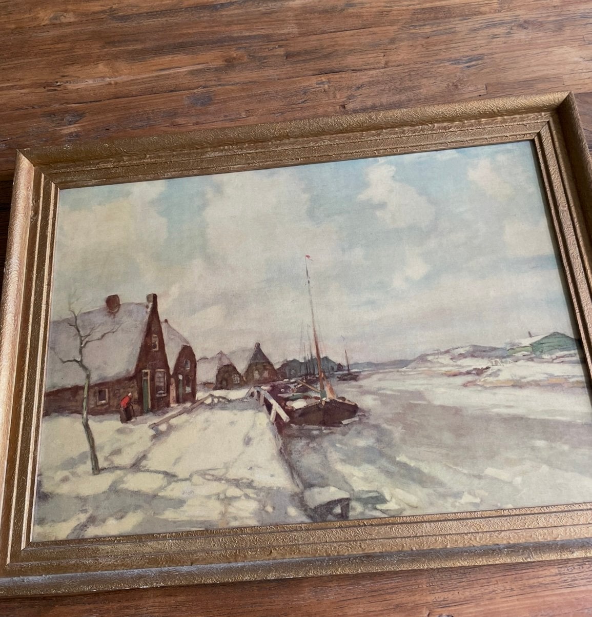 Schilderij Winterlandschap met huizen en water, Doek, Ophalen of Verzenden, Olieverf, Klassiek