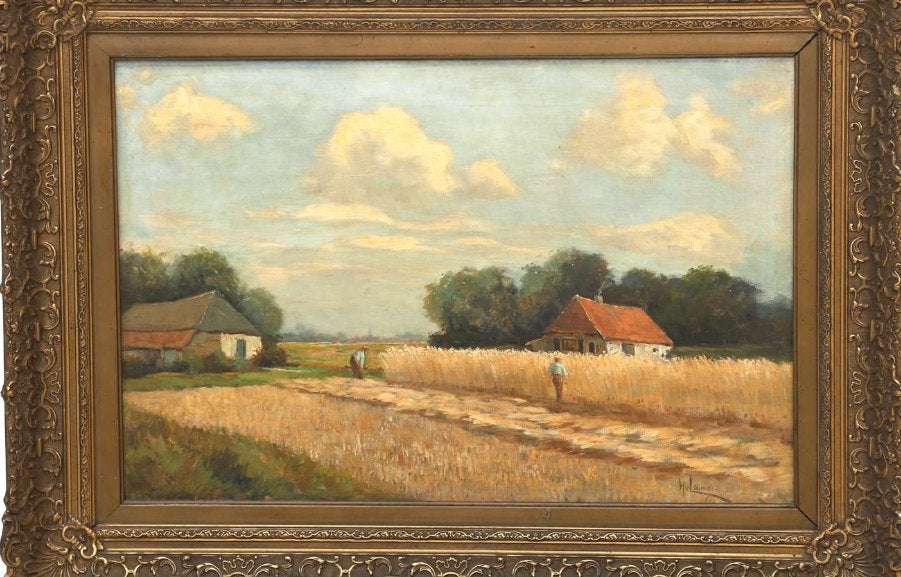 Hendrikus van Langen (1874–1964) – Hooitijd, Paneel, Bijzondere lijst, Impressionistisch, Ophalen of Verzenden