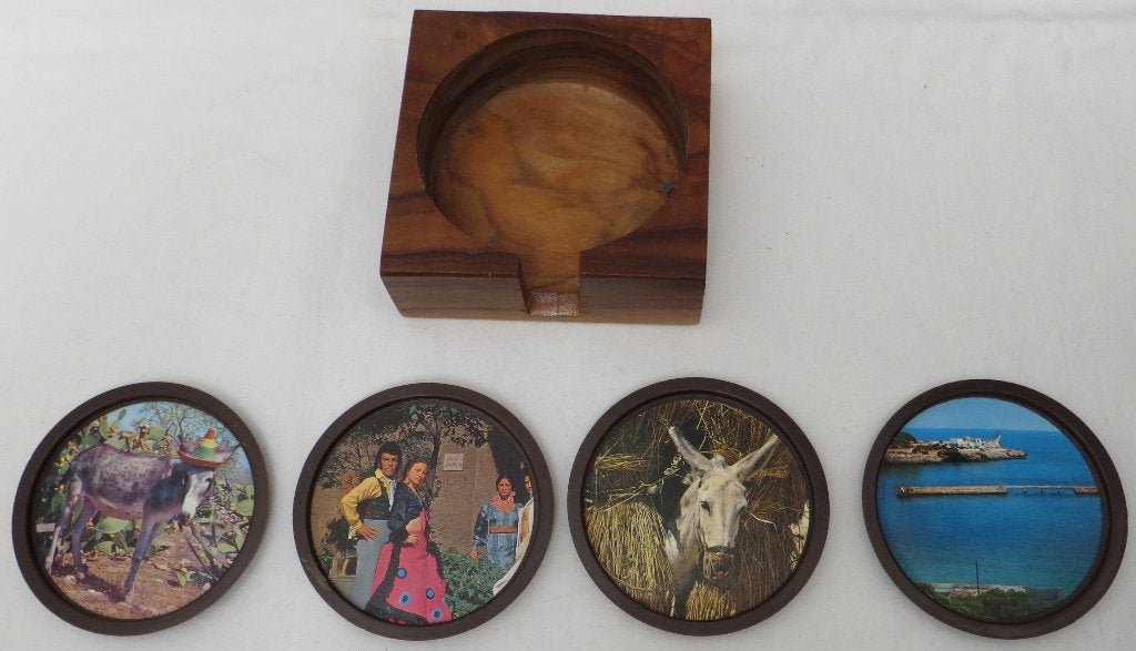 Vintage Spaanse onderzetters voor glazen in teak bakje., Ophalen, Gebruikt, Glasonderzetter, Overige materialen