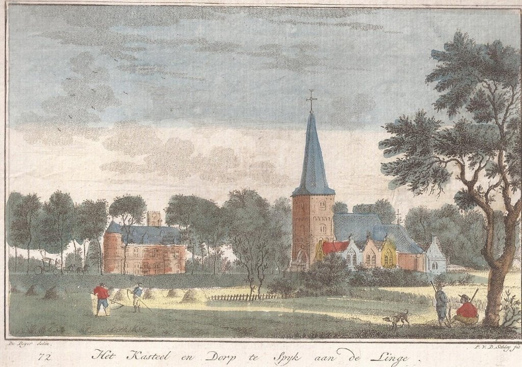 Spijk Het Kasteel en Dorp te Spijk aan de Linge ca. 1760, Stadsgezicht, 19 cm, Ophalen of Verzenden, 13 cm