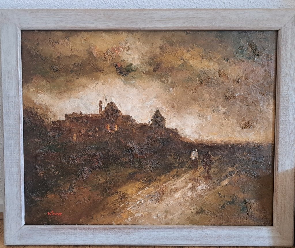 Schilderij Kerr - donker landschap met twee figuren, Ophalen of Verzenden