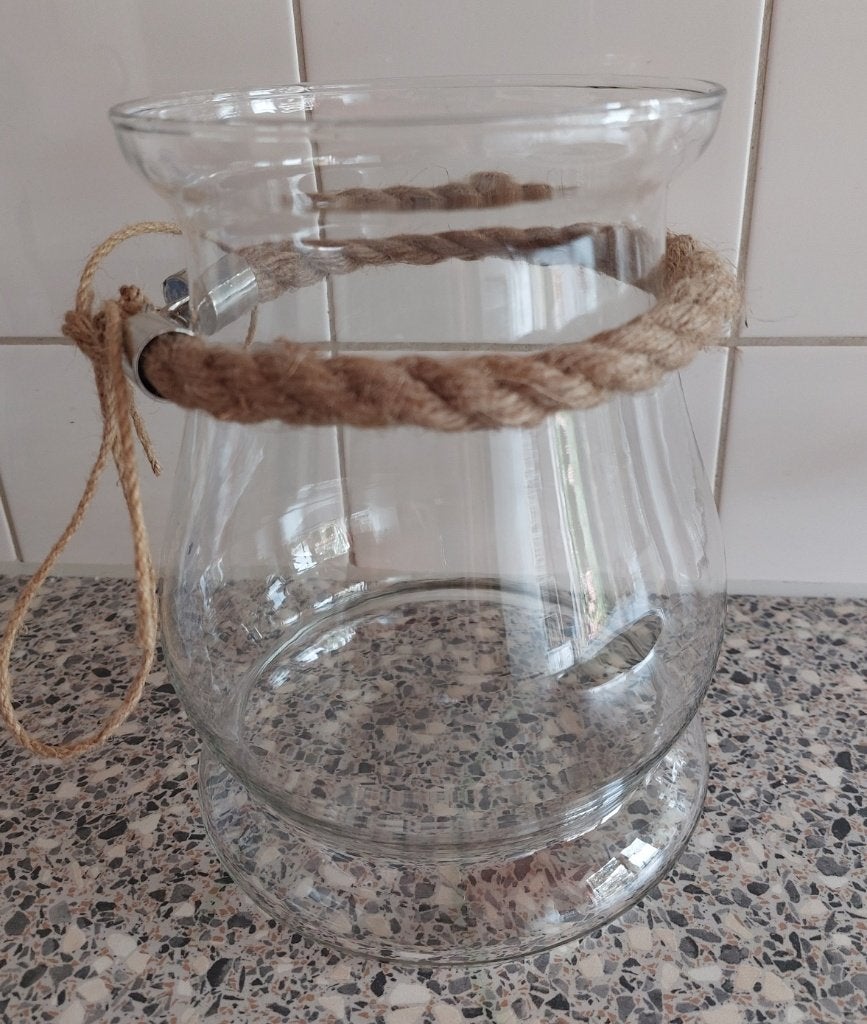 VAAS GLAS MET TOUW, GLAZEN VAAS MET TOUW, Huis en Inrichting, Woonaccessoires | Vazen, Ophalen of Verzenden, Zo goed als nieuw
