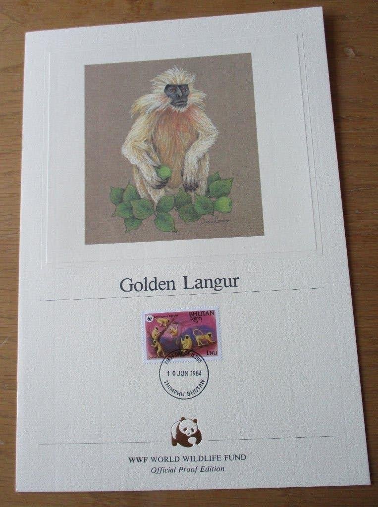 Bhutan, Gouden Langoer, serie WWF Art Edition, 1984, Ophalen of Verzenden, Gestempeld, Dier of Natuur
