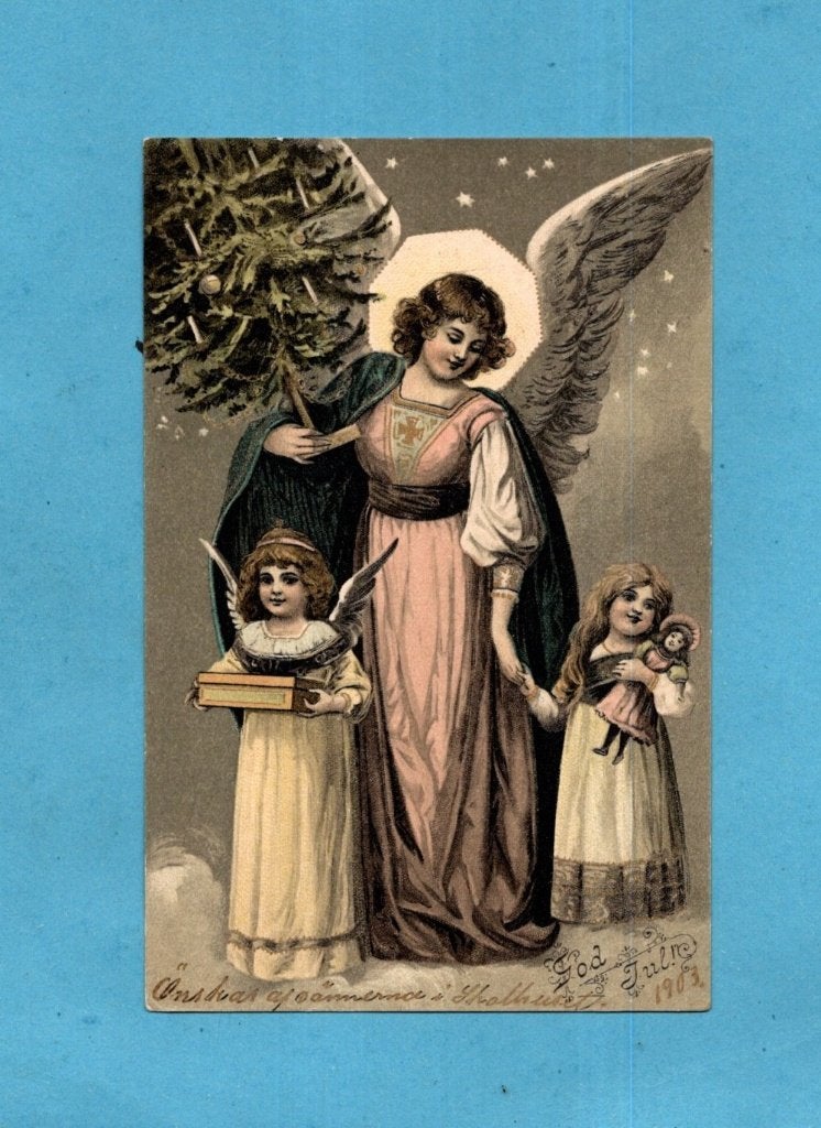 Pracht kerstkaart W407 - Engeltjes/kindje/popje/kerstboom, Ophalen of Verzenden, Voor 1920, Ongelopen