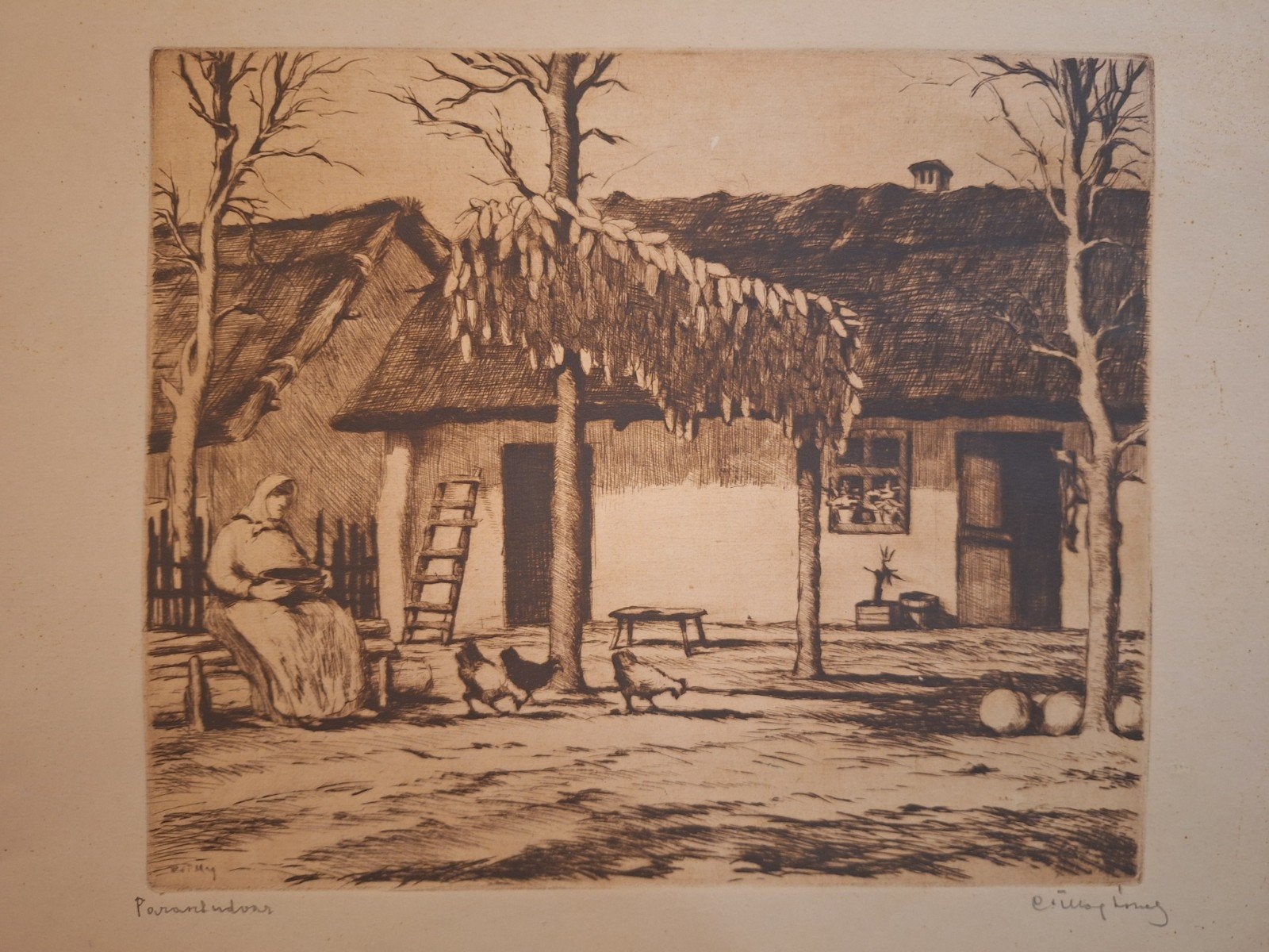 Gesigneerde ets met kippen en boerderijtafereel, Antiek en Kunst, Kunst | Etsen en Gravures, Ets, Gesigneerd, Flora en Fauna, 1900 - 1949