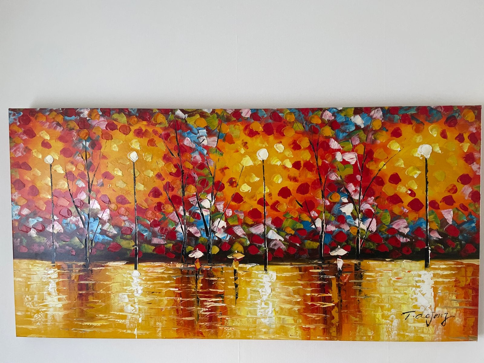 Schilderij: Kleurrijk Stadsgezicht met Lichtjes en Figuren, Ophalen