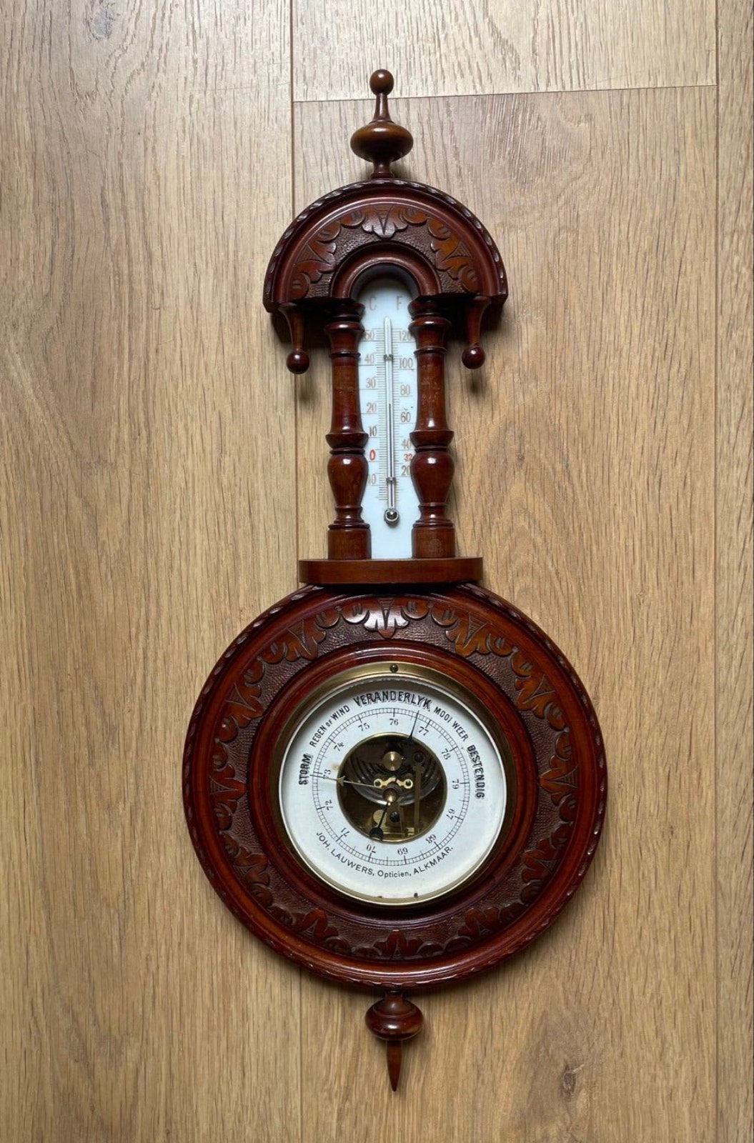 Antieke Barometer/Thermometer - Joh. Lauwers, Opticien, Ophalen of Verzenden, Gebruikt, Barometer