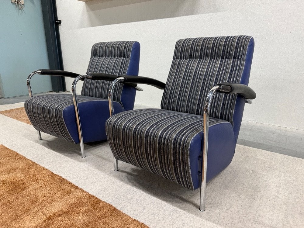 2 Leolux Scylla Fauteuil hoog Belluno stof Blauw Stoel, Leolux, Info@leolux.nl, 75 tot 100 cm, Ophalen of Verzenden