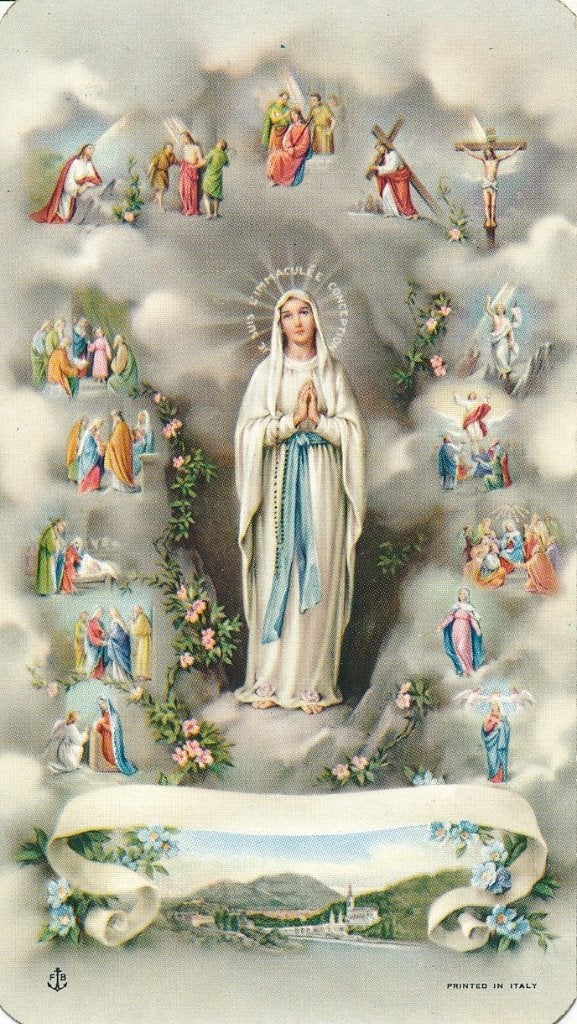 Mooi Lourdes devotieprentje met geheimen van de rozenkrans, Ophalen of Verzenden, Zo goed als nieuw, Kaart of Prent, Christendom | Katholiek