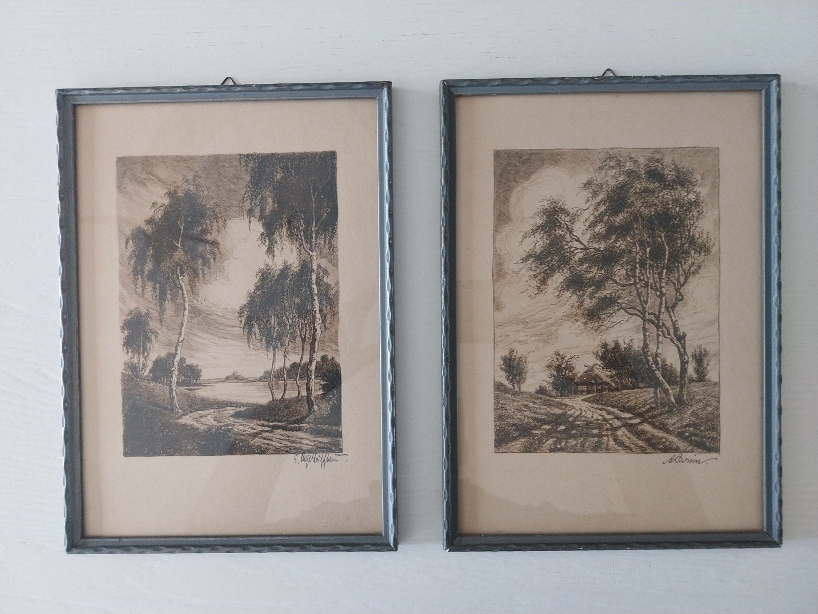 Set van 2 ingelijste etsen: landschap met berkenbomen, Antiek en Kunst, Ophalen, Landschap, Gesigneerd, 1950 - 1999
