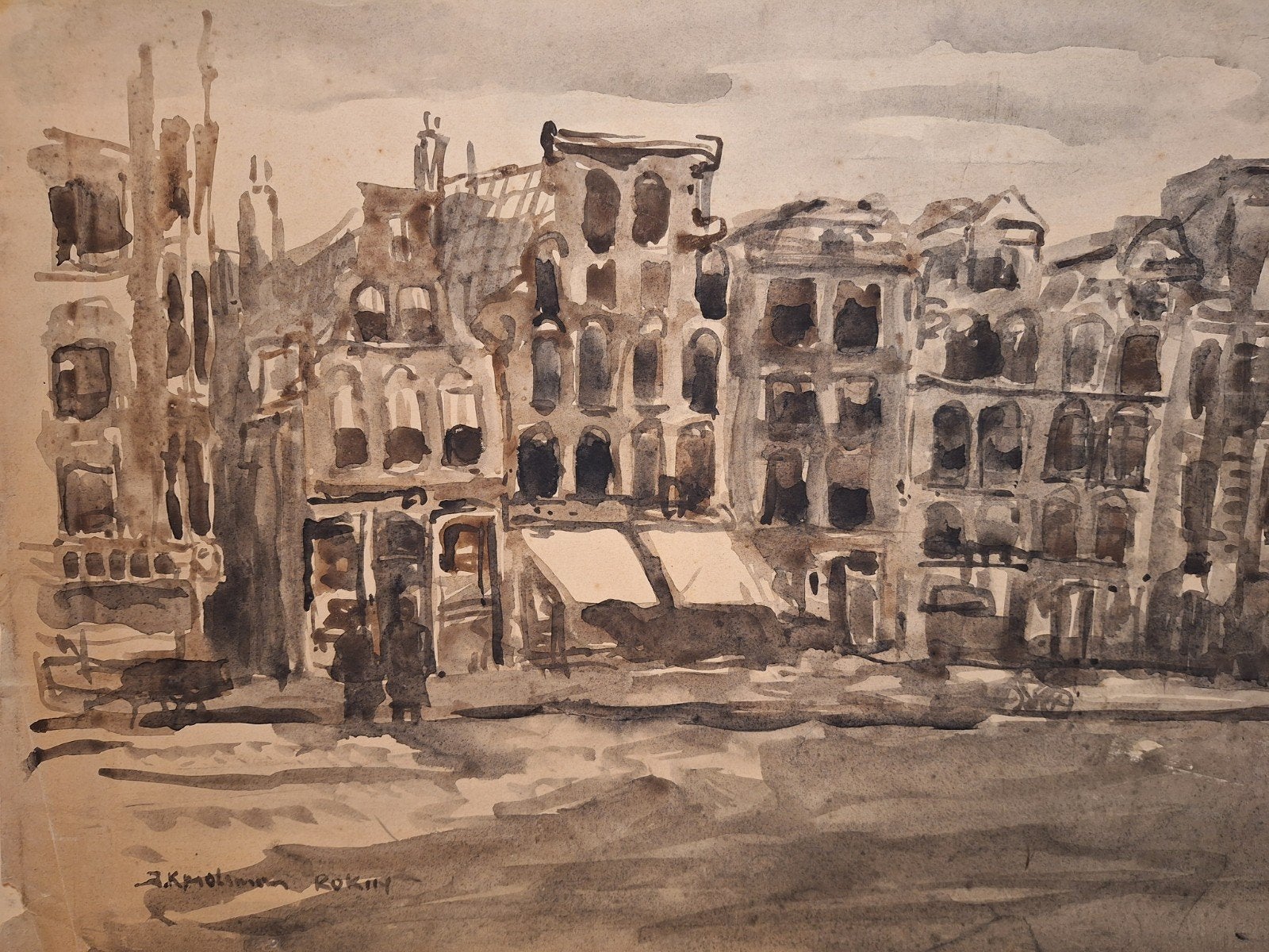 Aquarel Amsterdam stadsgezicht, gesigneerd, Antiek en Kunst, Ophalen of Verzenden, Tekening, Aquarel, Origineel