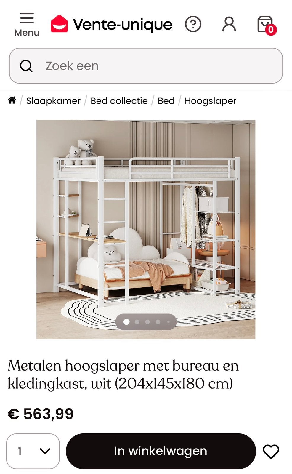 Metalen hoogslaper met bureau en kledingkast, Ophalen, Hoogslaper, Eenpersoons, 160 tot 180 cm